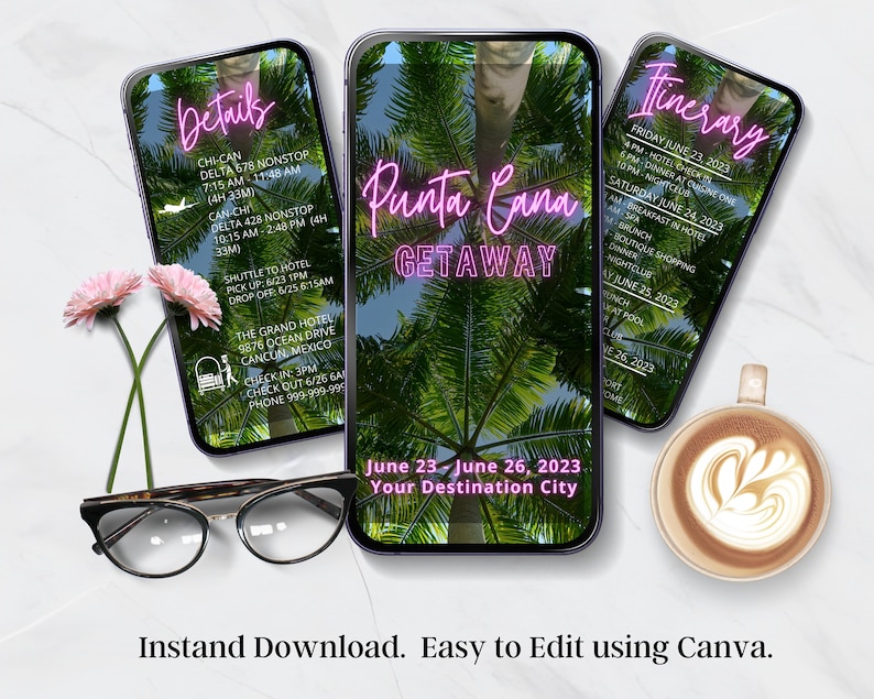 May include: A digital phone screen mockup with a pink neon text overlay that says "Punta Cana Getaway". The background is a photo of palm trees. The text on the screen says "June 23 - June 26, 2023 Your Destination City".