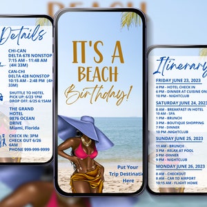 BIRTHDAY MOBILE ITINERARY Travel Itinerary Template Digital Itinerary Birthday Vacation Mobile Travel Guide Beach Birthday Mobile Invite
