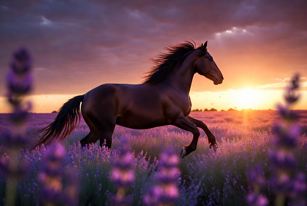 Op de afbeelding: Een donkerbruin paard met wapperende zwarte manen en staart galoppeert door een veld met paarse lavendelbloemen. De scène speelt zich af tijdens een levendige zonsondergang met een goudoranje gloed aan de horizon en paarse wolken in de lucht.