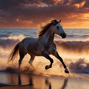 Op de afbeelding: Een wit paard met wapperende manen en staart galoppeert door de ondiepe branding van een oceaanstrand. De scène wordt verlicht door het warme, gouden licht van een zonsondergang, waarbij brekende golven opspattend water rond de hoeven creëren.