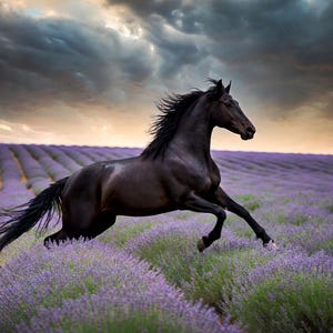 Op de afbeelding: Een donkerbruin paard met wapperende manen en staart galoppeert door een veld met paarse lavendelbloemen onder een dramatische, bewolkte lucht. Het paard is in volle galop vastgelegd, bewegend over de rijen bloeiende planten in het landschap.