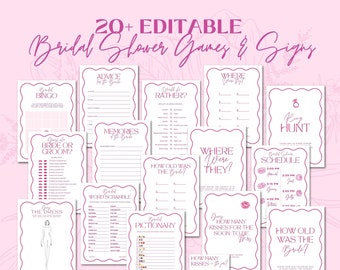 Pink Modern Fun Bright Bridal Shower Game et Sign Bundle Pack | Modèle Canva modifiable personnalisable | Téléchargement instantané | Imprimable