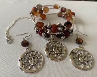 Boho Handmade  Sun Moon Wire  Beaded   Bracelet and Earrings