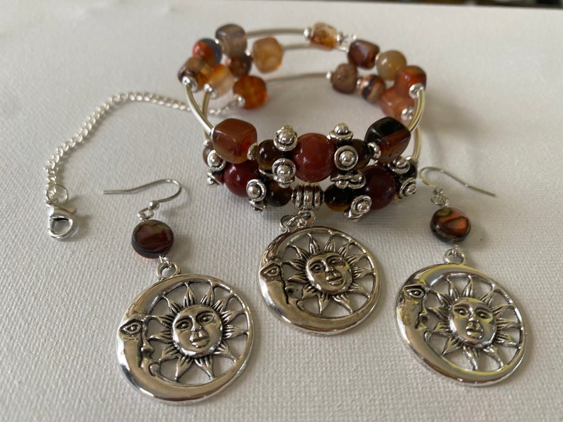 Boho Handmade Sun Moon Wire Beaded Bracelet and Earrings image 1