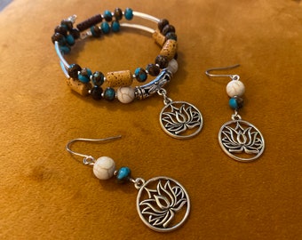Boho Handmade Lotus Flower Wire  Beaded   Bracelet and Earrings