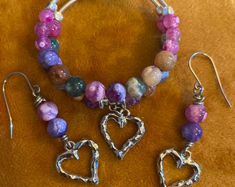 Boho Handmade  Heart Wire  Beaded   Bracelet and Earrings