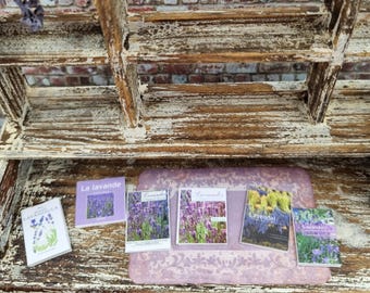 Puede incluir: Una estantería rústica de madera exhibe varios libros pequeños y una alfombra de color lavanda. Los libros presentan imágenes de campos de lavanda y el texto "La lavande" y "Lavender". La estantería tiene un acabado de pintura blanca desgastada, con una pared de ladrillo al fondo.