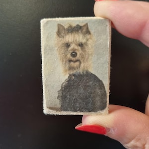 Puede incluir: Pequeña imagen rectangular vintage de un perro Yorkshire Terrier. El perro está representado con una cara marrón claro y un abrigo oscuro. La imagen tiene una apariencia ligeramente desgastada, lo que sugiere su edad. El perro lleva un abrigo oscuro.