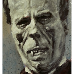 May include: A close-up portrait painting of a person with a pale complexion and dark hair. The person has a serious expression with their mouth slightly open, revealing a set of sharp teeth. The painting is done in a realistic style with visible brushstrokes.