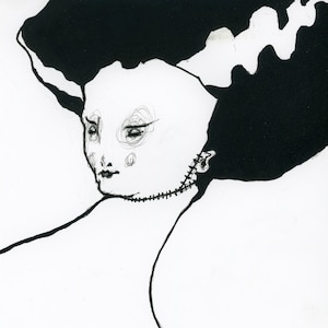 Bride of Frankenstein - Art Print (8x10) – Gothic Horror Ink Portrait – Feminine Monster Illustration for Classic Monster Lovers