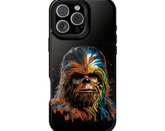 May include: Black phone case with a colorful illustration of Chewbacca from Star Wars. The illustration is in a splatter paint style with orange, yellow, blue, and green colors.