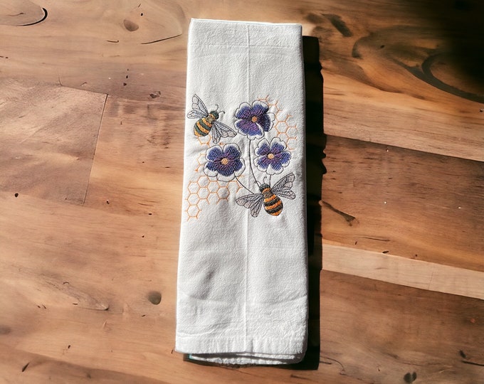 Featured listing image: Gift for Beekeeper Gift Bee Lover Gift Honeybee and Flower Embroidered Kitchen Towel Housewarming Gift Farmhouse Mother’s Day Gift