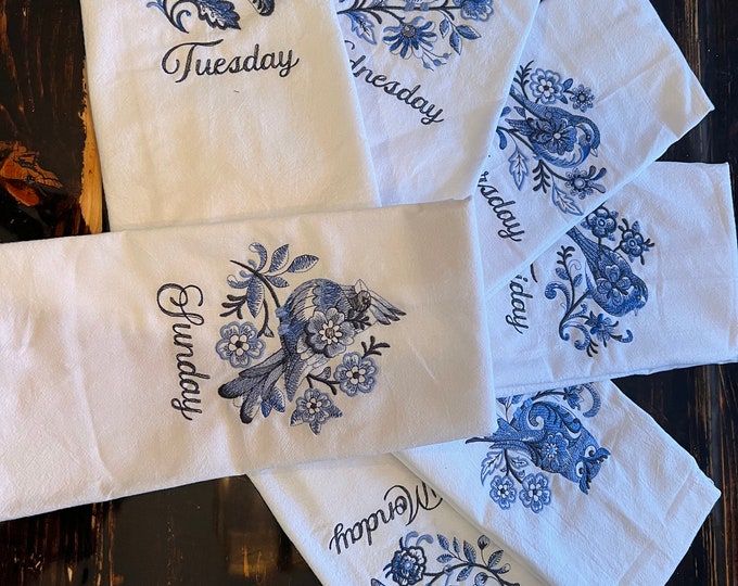 Featured listing image: Days of the Week: Organic Floursack Kitchen Towels - Set Embroidered