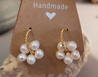 Stainless Steel Hoop Earrings, Gold, Freshwater Pearls - Bridal Earrings, Pearl Earrings, Wedding Jewelry, Mother Earrings, Christmas Gift