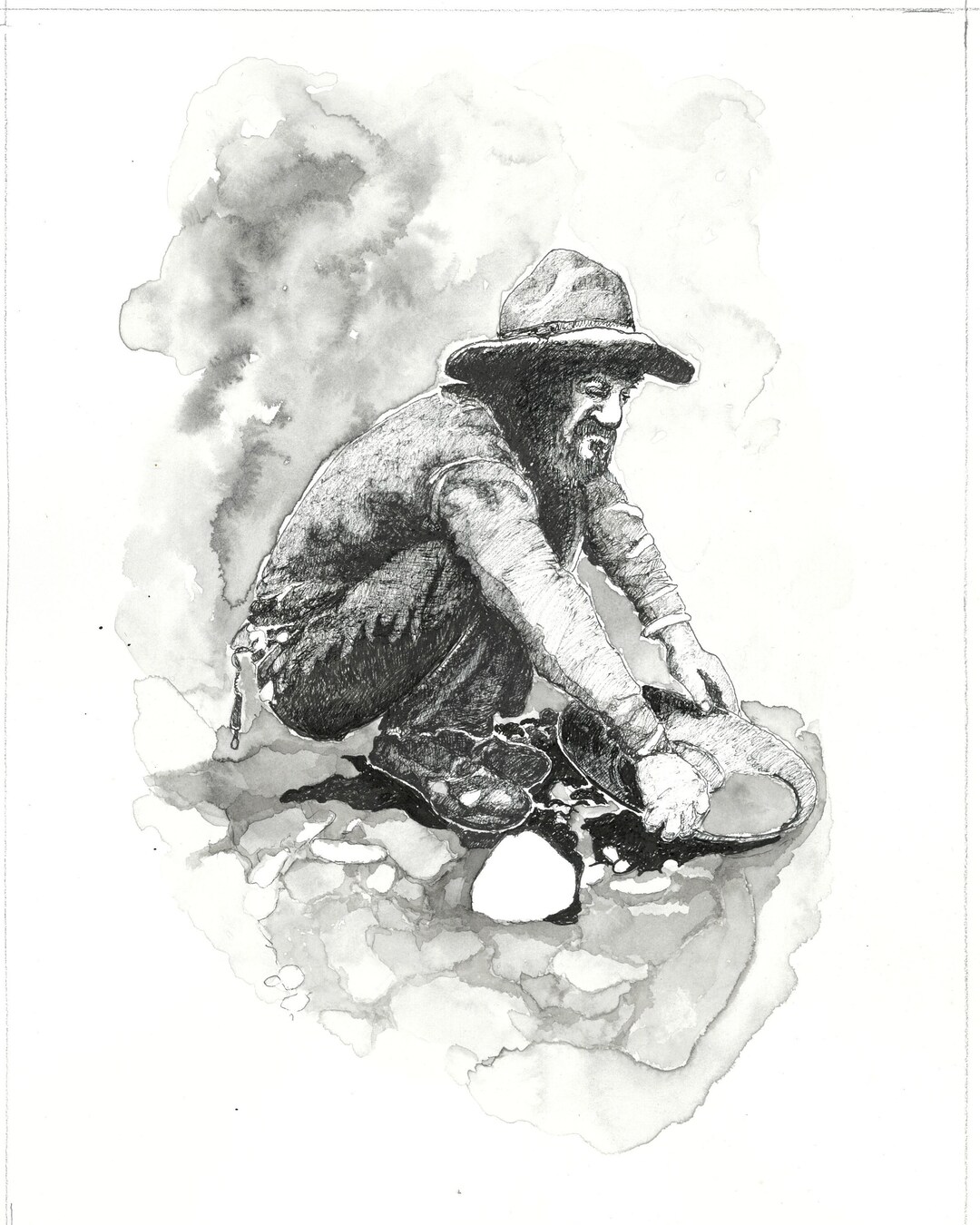 Prospector Miner Panning Original Pen and Ink Drawing Art Print ...