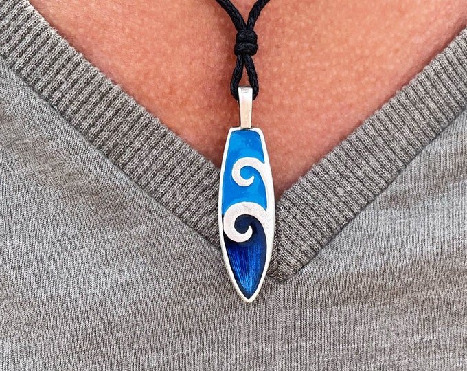 Blue surfboard pendant - Surfer style adjustable necklace for men - Surfer necklace for women - Gift idea for surfers - Minimalist pendant