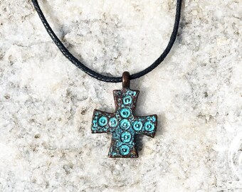 Cross Necklace - Primitive Patina Cross Charm Necklace - Baptism Gift - Orthodox Mid Century Copper Cross - Medieval Cross - Religious Charm