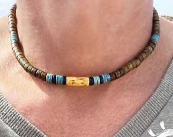 Surfer Style Necklace for Men - Bohemian Greek Ceramic Beads Necklace for Women - Unisex Beach Jewelry - Terracotta Beads Choker Necklace