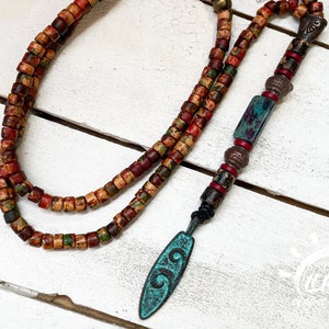 Surfer Style Ceramic Bead Necklace - Unique Surfboard Pendant with Patina Finish, Ideal Beach Lover Gift