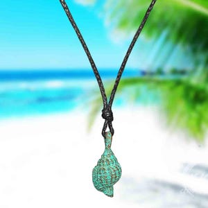 Handmade Ceramic Sea Shell Necklace with Green Patina | Greek Artisan Pendant | Surfer Beach Jewelry