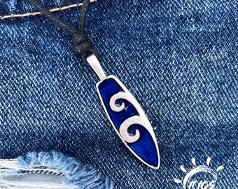 Collar de tabla de surf azul - Collar de surfista - Colgante de tabla de surf - Gargantilla de olas - Collar de surf para hombre - Collar para mujer - Joyería de playa - Boho