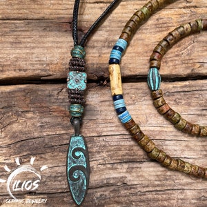 Surfer Set Of 3 - Two Necklaces And Bracelet - Surfboard Mens Beaded Necklace - Patina Jewelry - Ceramic Bead Jewelry - Stackable Necklaces