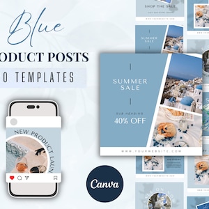 20 Blue Instagram Product Posts | Social Media Posts | Blue Product Posts | Blue Aesthetic | Canva Template