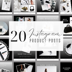 20 Instagram Product Posts | Instagram Posts | Social Media Posts | Black and White Product Posts | Black Aesthetic | Canva Template