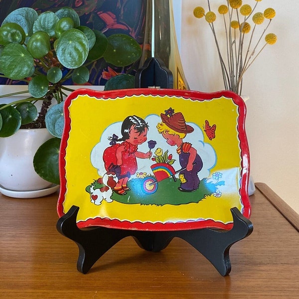 Vintage Ohio Art Tin Lithograph Tea Set Tray #173 Boy and Girl And Dog In The Garden