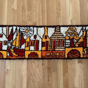 Vintage Mid Century Modern Handmade Village Scene Latch/Rug Hook Tapestry/Rug MCM