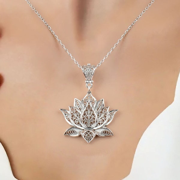 925 Sterling Silver Lotus Flower Woman Pendant Necklace, Lotus Charm Necklace, Anniversary Gift for Her, Handmade Silver Jewelry