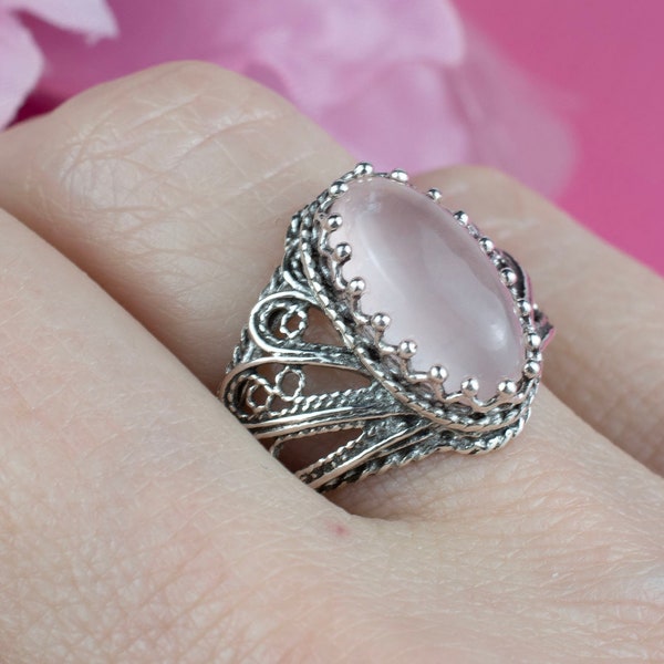 Sterling Silber Frauen Cocktail Ring, filigraner Art Engelsflügel Design Rosenquarz Edelstein Ring