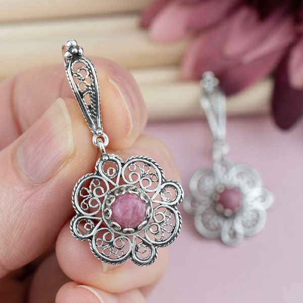 Rhodonite Gemstone 925 Sterling Silver Filigree Art Lace Detailed Women Dangle Drop Earrings, September Birthstone, Mothers Day Gift Her