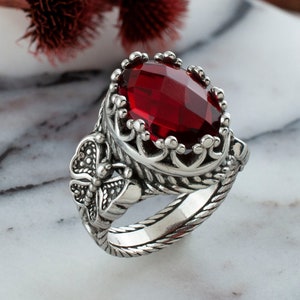 Ruby Quartz Gemstone Sterling Silver Filigree Art Double Butterfly Women Cocktail Ring, Artisan Made Solid Silver Bold Ring, Birthday Gift