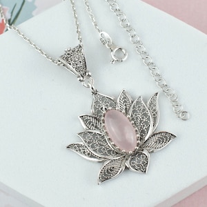 Rose Quartz 925 Sterling Silver Filigree Art Lotus FlowerWomen Pendant Necklace, Labradorite, Rhodonite Gemstone Charm Necklace Gift Her