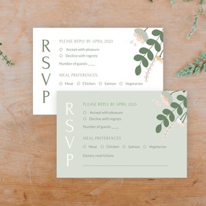 Salie groene rsvp-kaarten voor bruiloft met maaltijdkeuze