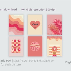 Pink preppy wall art of 6 posters with orange pink illustrations on the grey background, sizes of print-ready pdf: A4, A3, 30x40 cm, 50x70 cm