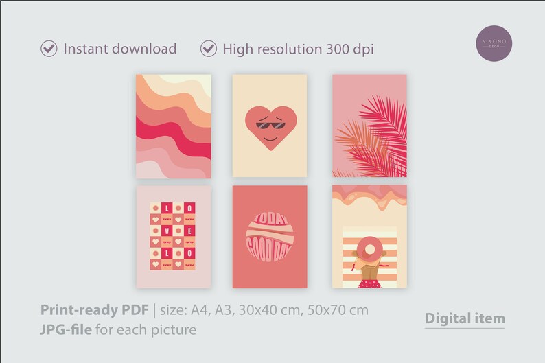 Pink preppy wall art of 6 posters with orange pink illustrations on the grey background, sizes of print-ready pdf: A4, A3, 30x40 cm, 50x70 cm