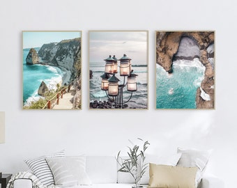 3 piece wall art set with seascape photo collage | 50x70 cm large wall decor | Posters with blue photography prints