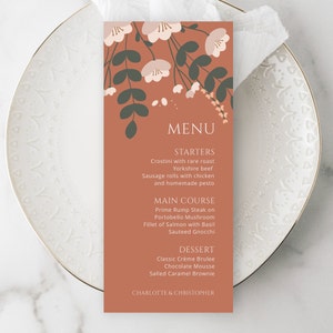 Modèle de menu de mariage en terre cuite pour décor de table bohème | Cartes de menu modifiables 4x9 et 3,5x8,5 po | Pdf, jpg, png pour téléchargement immédiat