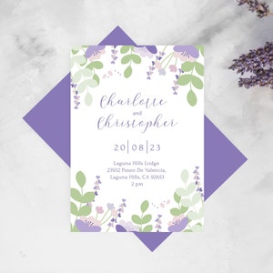 Lilac wedding invitation template to download | Editable wedding invites with purple flowers