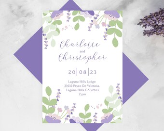 Lilac wedding invitation template to download | Editable wedding invites with purple flowers
