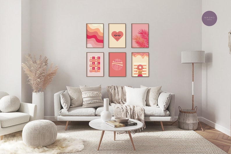 6 pink preppy posters with orange pink illustrations hangs on the wall in a living room in beige color