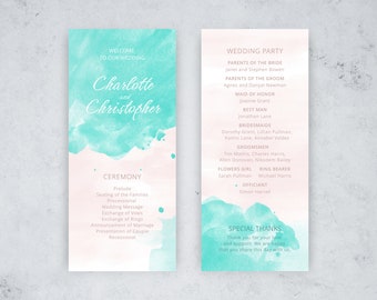 Turquoise Watercolor Wedding Program Template (Digital Download)