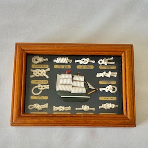 Vintage Nautical Knot Board Shadow Box Framed Clipper Model Ship Sailor Rope Art