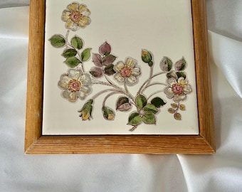 Vintage H&R Johnson Tile Trivet 19cm Framed Ceramic Pot Stand Wild Rose Floral