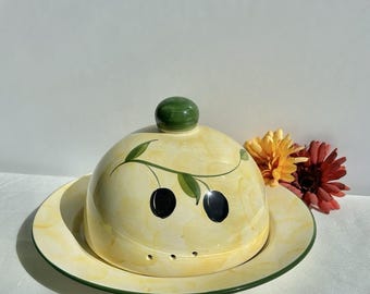 Handmålad ostkupol i vintage-stil i gul keramik, medelhavsdekor, toskanskt kök, aperitivostil