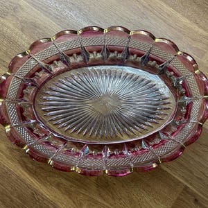 Vintage Pressed Ruby Flash Diamond Point Glass Candy Dish 1950 Retro Cottage