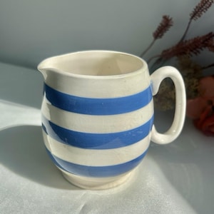 Può includere: Un piccolo brocca in ceramica color crema con strisce blu orizzontali. La brocca ha un corpo arrotondato, un manico curvo e un beccuccio. Il design è semplice e classico, adatto per servire panna o altri liquidi.