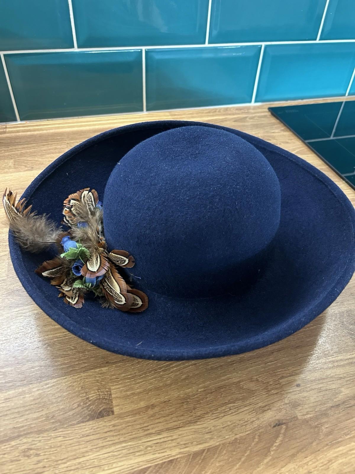 GRACEFUL DRK. COBALT BLUE FELT DESIGNER VINTAGE FEDORA + MULTICOLRED FEATHERS Midnight Sky Gambler Hat: Handmade Wool Felt Fedora With  main image 4